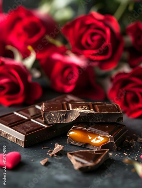 Obraz A romantic arrangement featuring chocolate and roses, perfect for gifts or special occasions.