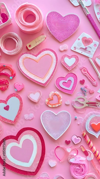 Obraz A colorful arrangement of heart-shaped decorations and craft supplies on a pink background.