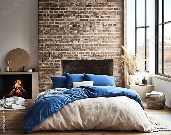 Fototapeta Cozy Bedroom with Brick Wall and Fireplace