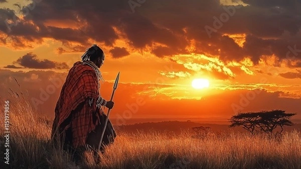 Fototapeta  Warrior walking across savanna at sunset with spear.