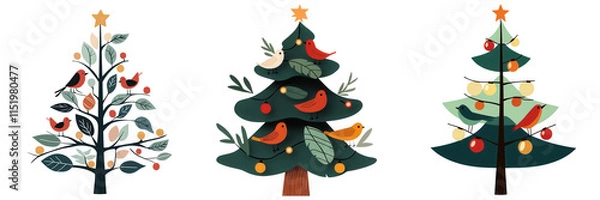 Fototapeta Three decorative Christmas trees with colorful ornaments and birds, perfect for festive design.