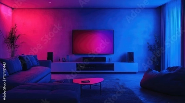 Fototapeta A dim room with vibrant TV screen reflections creating a lively nighttime setting
