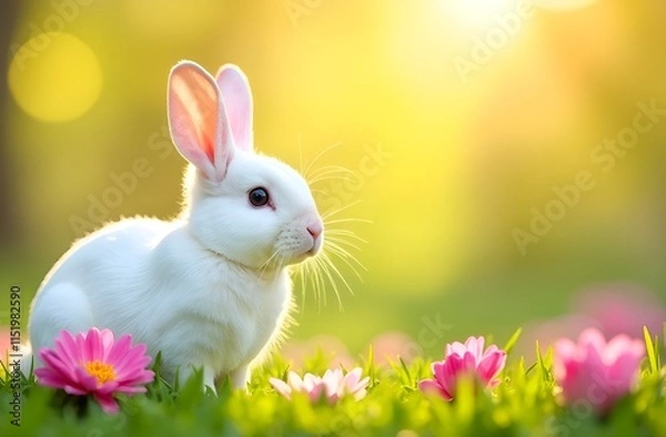 Obraz Easter white bunny on floral field.