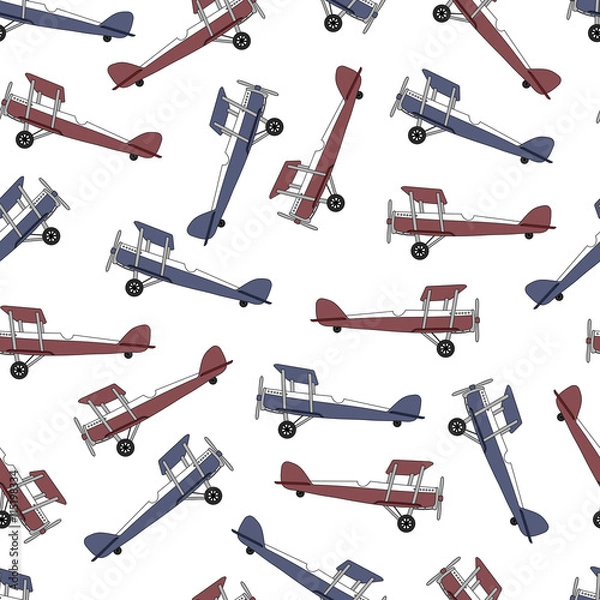Fototapeta Background red and blue Old authentic vintage stylized cartoon retro airplane.