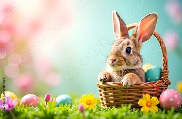 Fototapeta Easter bunny in basket with Easter eggs on green grass, blurred background. Copy space.