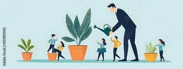 Fototapeta A businessman in business attire is watering three pots of flowers with a watering can