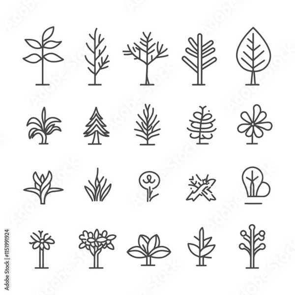 Fototapeta Collection Of 20 Outline Drawings Of Different Tree And Plant Types