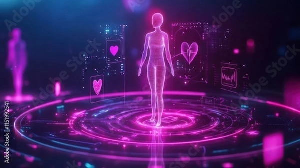 Fototapeta Digital Health: Futuristic Healthcare Visualization with Glowing Human Model and Medical Data
