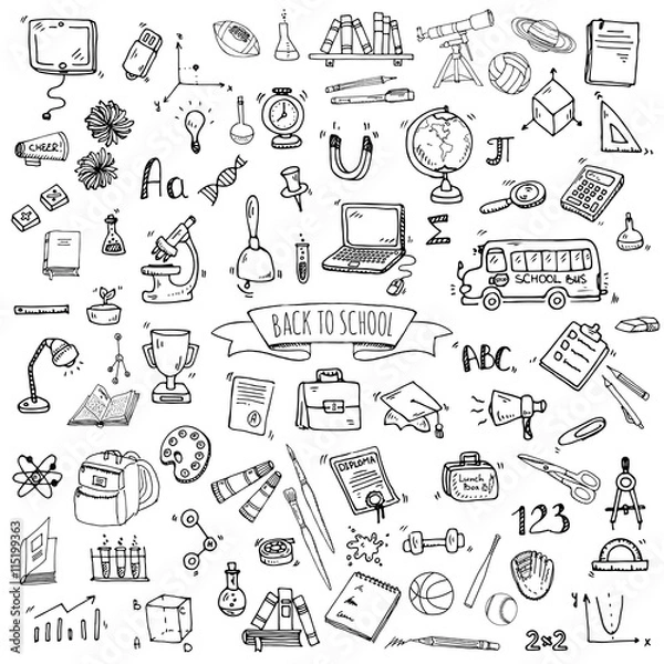 Obraz Hand drawn doodle Back to school icons set Vector illustration educational symbols collection Cartoon various learning elements: Laptop; Lunch box; Bag; Microscope; Telescope; Books; Pencil Sketch bus