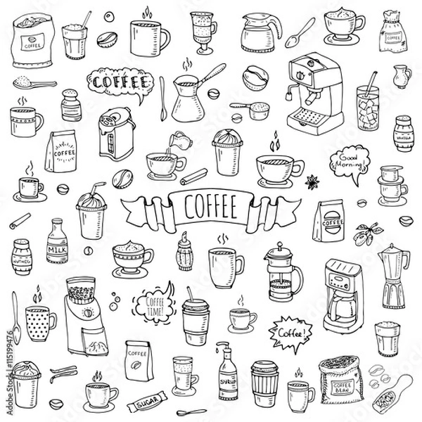 Obraz Ręcznie rysowane doodle zestaw ikon kawy czas Ilustracja wektorowa kolekcja symboli na białym tle napój Kreskówka różne elementy napoju: kubek, filiżanka, espresso, americano, irlandzki, bezkofeinowa, mokka, ekspres do kawy