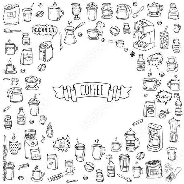 Obraz Hand drawn doodle Coffee time icon set Vector illustration isolated drink symbols collection Cartoon various beverage element: mug, cup, espresso, americano, irish, decaf, mocha, coffee making machine