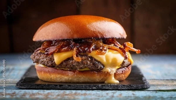 Fototapeta gourmet burger with melted artisanal cheese and caramelized onions