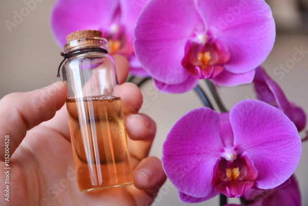 Obraz Hand holding a bottle of raw natural oil with a purple orchid flower. Organic beauty and alternative medicine concept. Close-up
