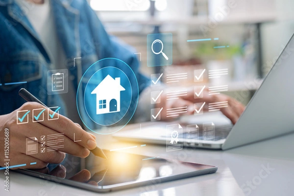 Obraz Real estate management. using a tablet to manage real estate tasks with interactive digital checklists, housing icons, and investment tools for efficient property management and project organization.