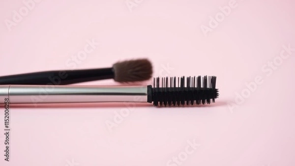 Fototapeta A close up of a black mascara wand with a silver handle and black bristles on a pink background, a makeup brush lies behind it