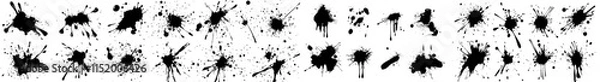 Fototapeta Ink drops and splatters. Blotter marks, liquid paint drips, drops, splashes, and ink spatters. Artistic, dirty, grunge abstract spot modern collection. Monochrome illustration with drips, splashes,