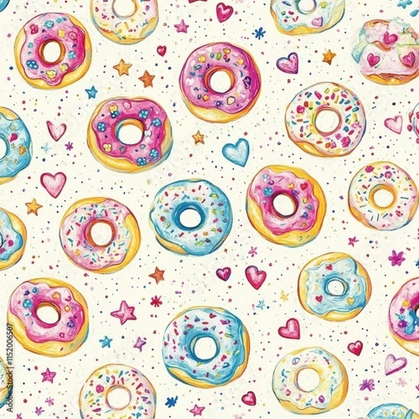 Fototapeta A playful donut-themed pattern showcasing bright pastel donuts with colorful frosting, sprinkles, and cherries, surrounded by tiny stars, hearts, and confetti on a soft cream background. 