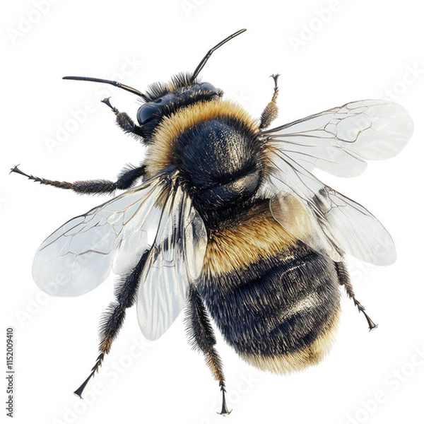 Obraz A photorealistic, high-resolution close-up of a bee isolated on a white background, showcasing its detailed features and natural colors.