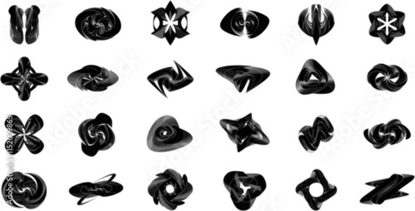 Fototapeta Postmodern abstract geometric graphic elements, Refraction and distortion glass effect various form, Brutalist vector shapes, trendy retro design symbols in Y2K aesthetics, vintage stickers,