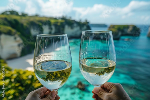Obraz Cheers to paradise toasting with wine glasses over a scenic beach view in bali