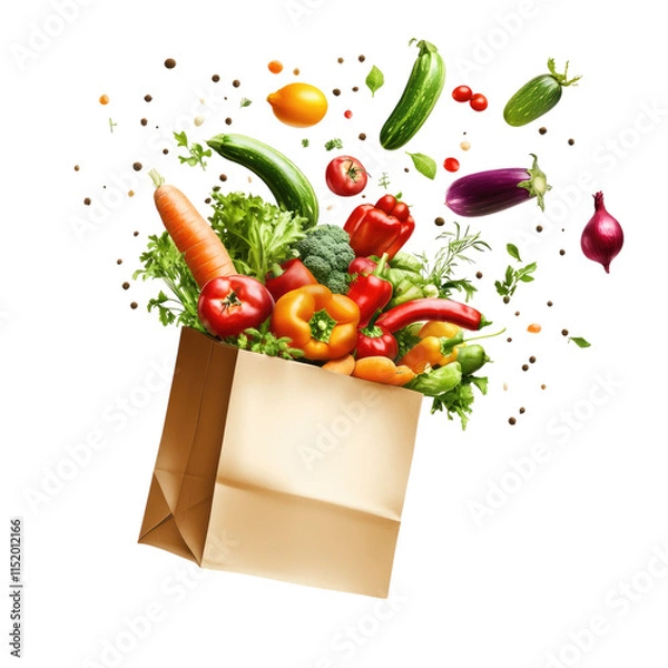 Obraz A paper bag filled with vegetables flying out, white background, vector style, clipart, 2D design, colorful