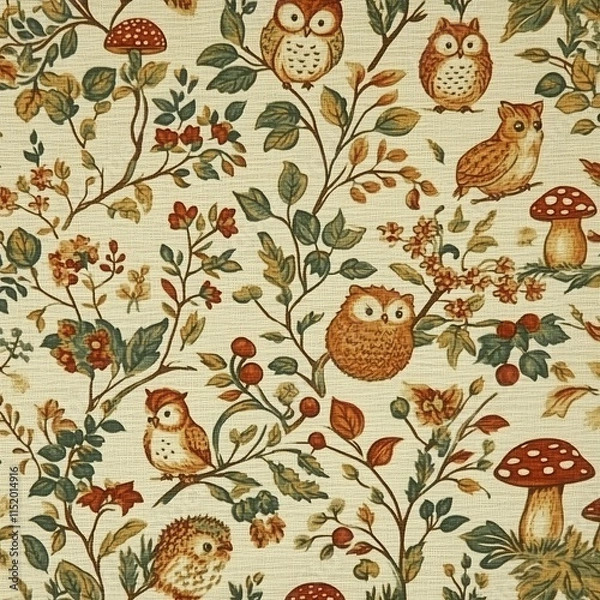 Fototapeta A charming woodland-themed pattern showcasing cartoon owls, hedgehogs, and deer playing among mushrooms, berries, and leafy branches in soft autumnal tones of orange, green, and brown on a textured 