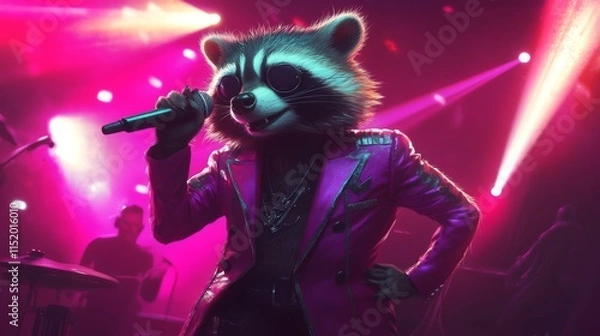 Fototapeta Enigmatic Raccoon Entertainer: Chic Raccoon in Pink Blazer Performing with Microphone on Illuminated Stage