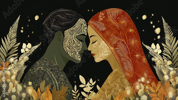 Fototapeta Maori couple in love sharing a tender moment in fern forest with traditional ta moko background, vector graphics
