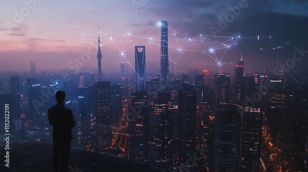 Fototapeta Smart digital city with connection cyber security network reciprocity over the cityscape . future smart wireless digital city and social media networking systems that connects people within the city