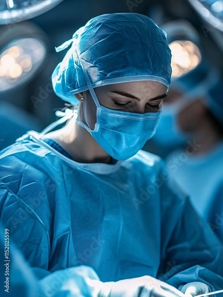 Fototapeta A focused surgeon in a blue surgical gown, mask, and cap performs a procedure in a well-lit operating room, demonstrating precision, expertise, and dedication to patient care