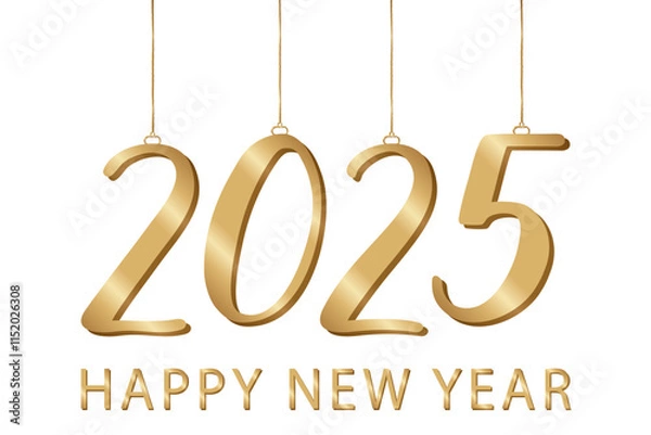 Fototapeta Gold sparkling numbers 2025 hanging as Christmas ornaments on a transparent background. Happy new Year greeting card. Festive holiday design, seasonal greetings and celebration.
