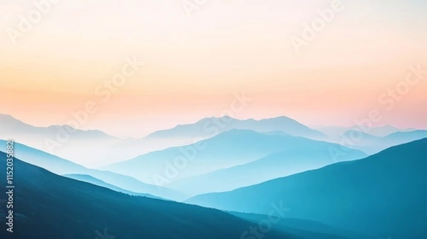 Obraz Serene mountain landscape at dawn with soft pastel colors and layered peaks.