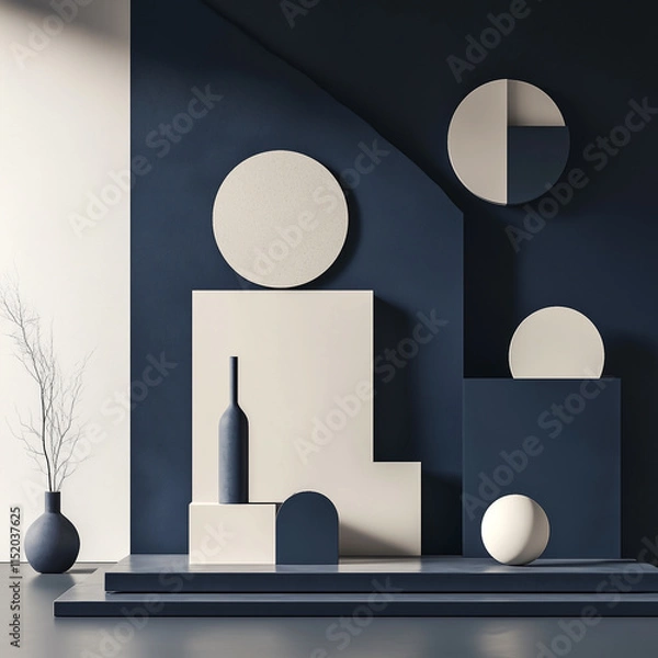 Fototapeta Minimalist Geometric Abstract Composition with Navy Blue and Beige Tones, Modern Art Decor