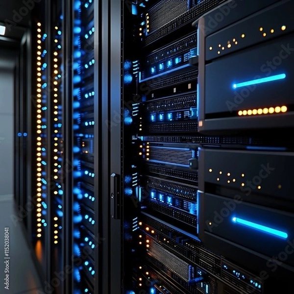 Fototapeta Sleek and Organized Server Rack with Glowing Blue LED Indicators in a Professional Tech Environment