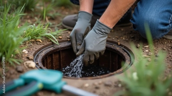 Fototapeta working plumber opens a sewer hatch. Maintenance of septic tanks and water wells 