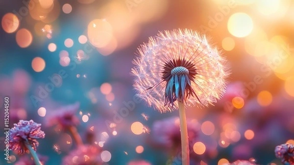 Fototapeta Dandelion seeds blowing in sunset light, bokeh background.