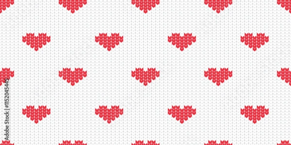 Fototapeta Beautiful seamless pattern with knitted texture. Red hearts on a white background. Print, vector illustration