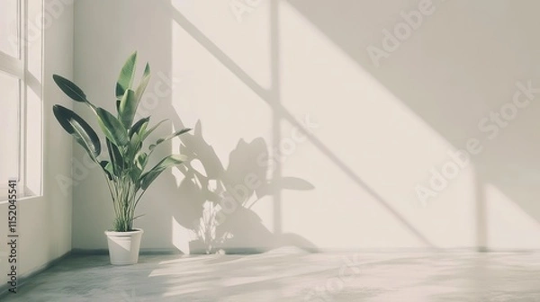 Obraz A potted plant sits in front of a window, casting a shadow on the wall