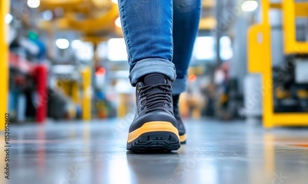 Fototapeta A person walking in safety shoes within an industrial setting.