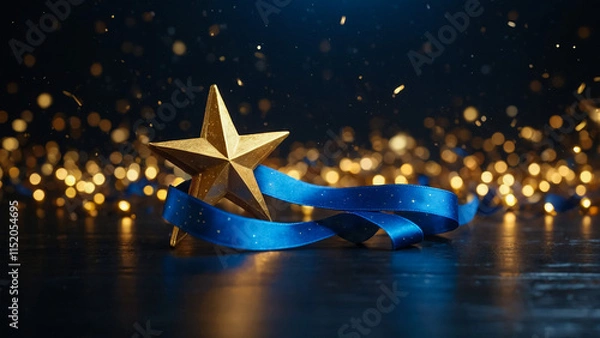 Fototapeta Golden star with golden on dark blue background with lighting effect and sparkle. Luxury template celebration award design. Vector illustration