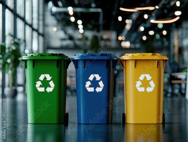 Obraz Recycle conservation renewal sustainability concept. Three recycling bins in a modern indoor setting promoting eco-friendly waste management.