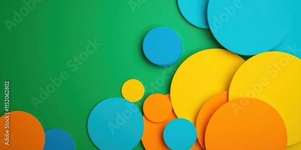 Fototapeta Abstract Geometric Composition of Overlapping Circles in Vibrant Yellow, Orange, and Blue Hues on a Green Background