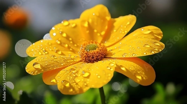 Fototapeta Vibrant yellow flower petals drenched in water droplets under sunlight