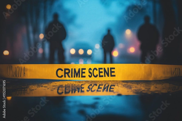 Fototapeta yellow tape labeled “CRIME SCENE”, background out of focus, showing silhouettes of figures presumably investigating or processing the scene of an accident, try crime
