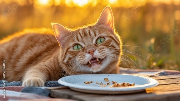 Fototapeta Adorable ginger cat with green eyes enjoying a meal on a picnic blanket outdoors. Playful expression with food on whiskers, surrounded by lush greenery and a sunset backdrop