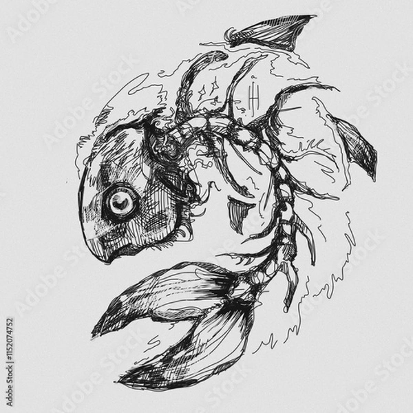 Fototapeta Monochrome seamless pattern featuring fish bones in a gothic style. Hand-drawn artistic design, ideal for alternative aesthetics, fabric prints, or digital use.