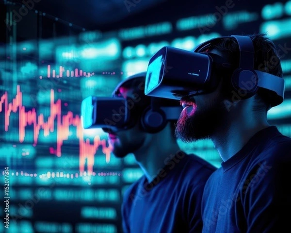 Obraz Traders immersed in a VR environment filled with glowing financial charts, future of trading