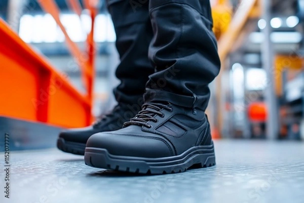 Fototapeta Close-up of sturdy black safety shoes in an industrial setting.