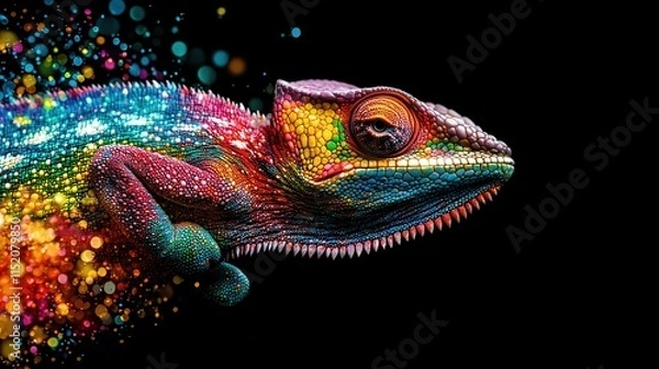 Fototapeta Colorful Chameleon on Black Background with Vibrant Digital Effects