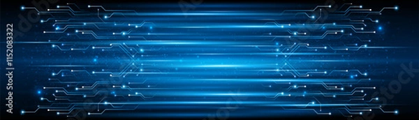 Fototapeta Blue glowing lines with glitter light effect on dark background. High speed internet technology concept or fast wireless data transmission. modern internet network connection technology background	